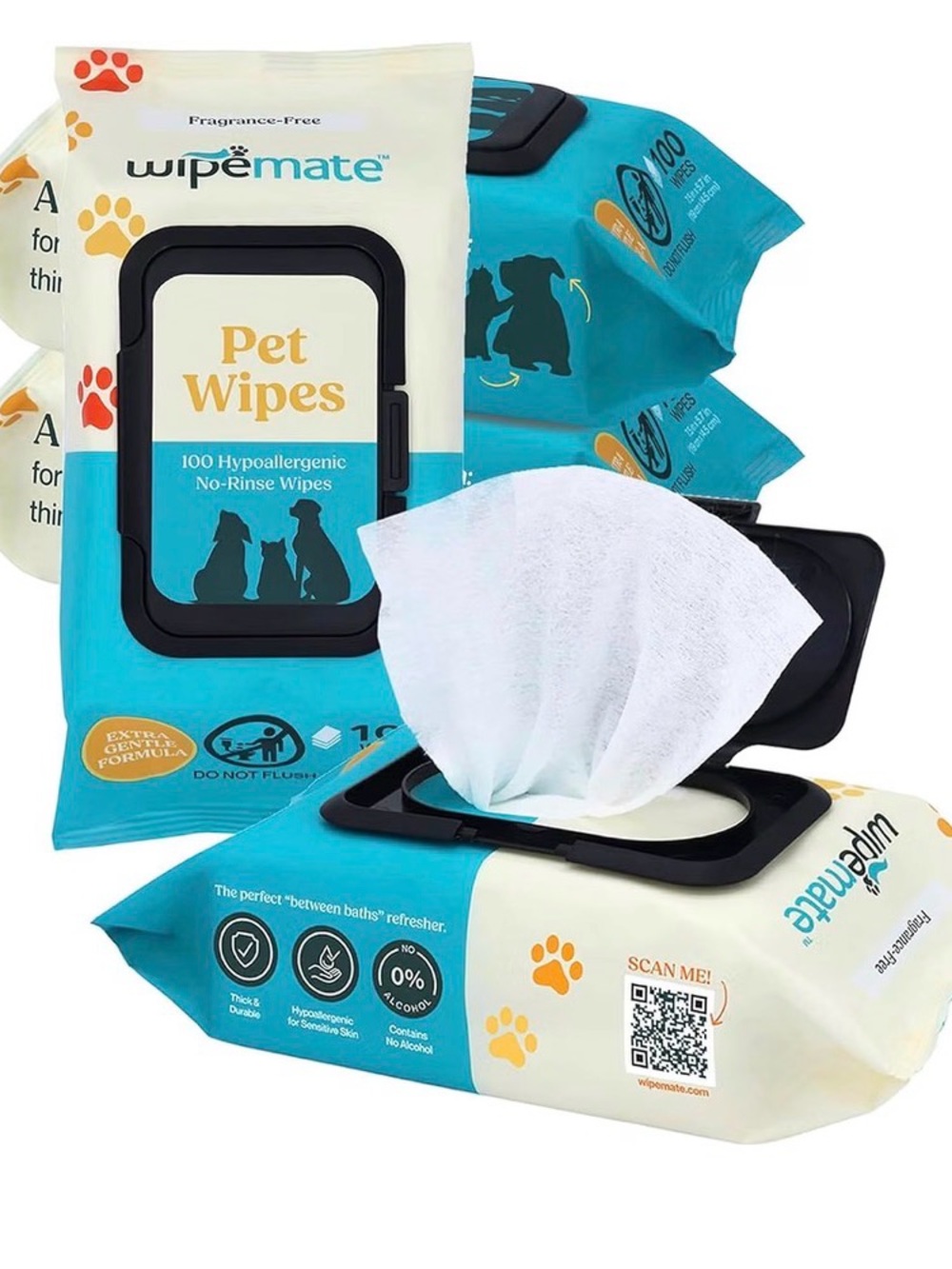 Wipemate Pet Wipes - Hypoallergenic No-Rinse Wipes 4 pack ( 400 wipes total)